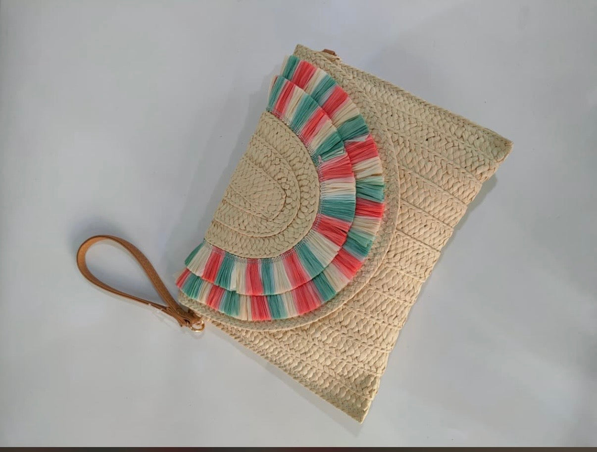 Woven Raffia Tassel Flap Bag