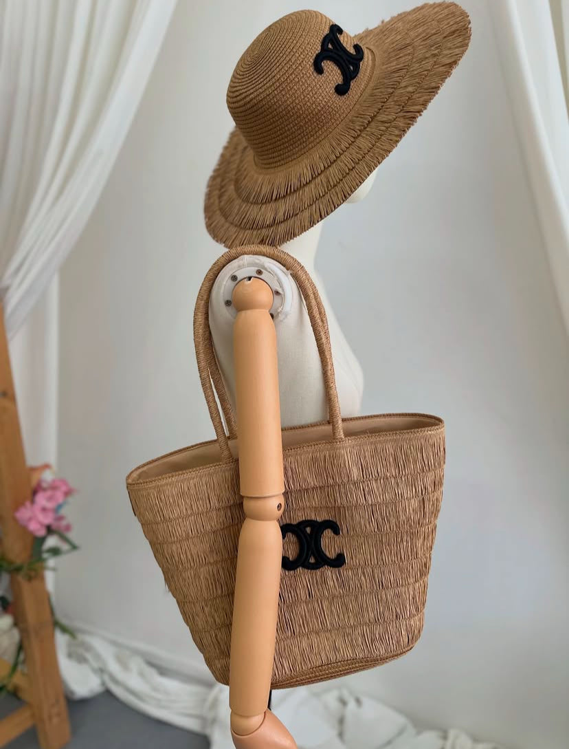Celine Triomphe Panier Tote & Raffia Hat Set