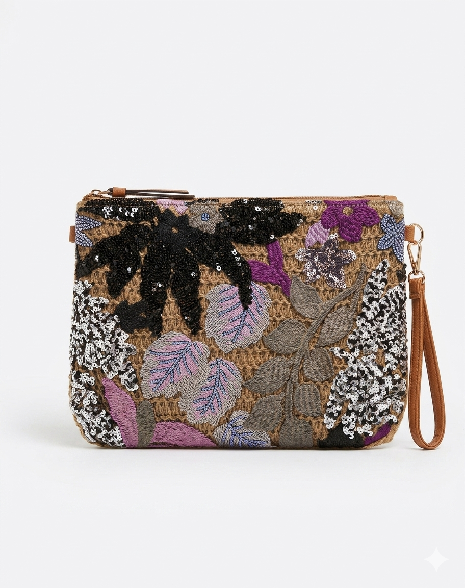 Floral Sequin Crossbody Pouch Bag