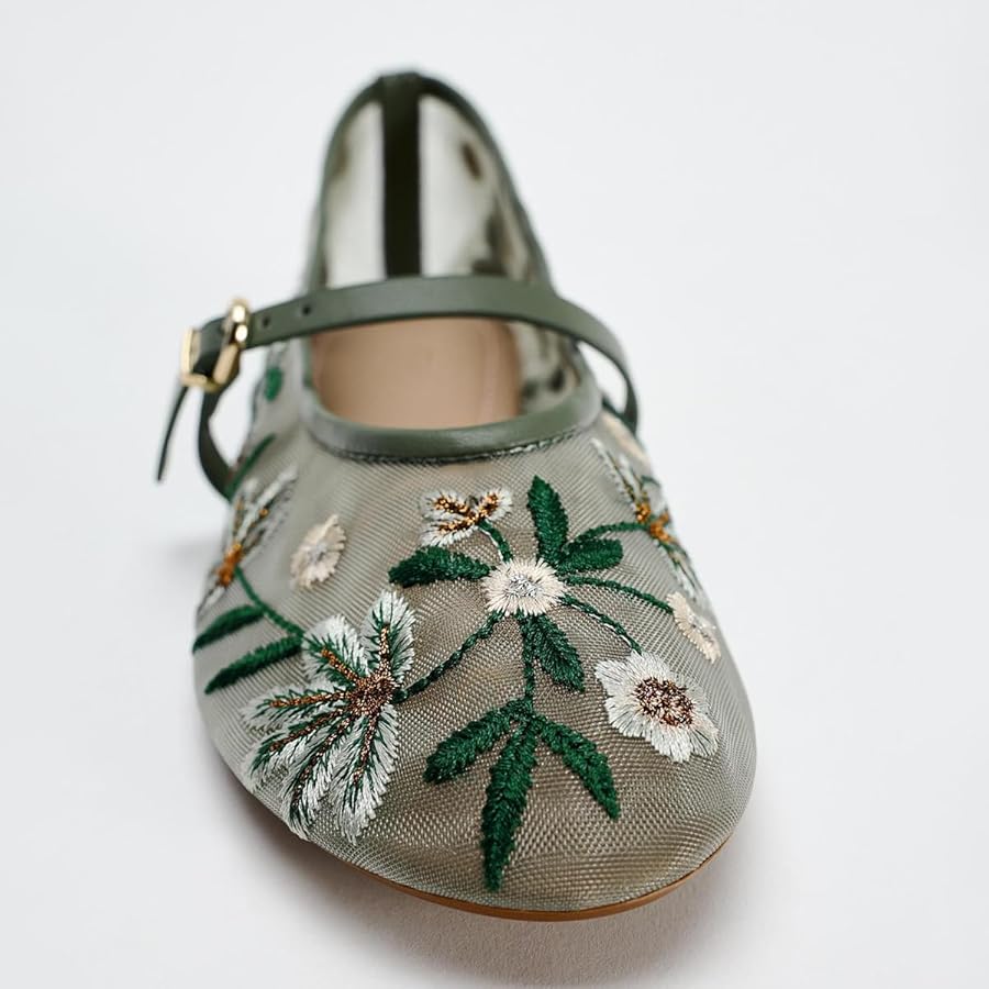 Zara Embroidered Mesh Mary Jane Ballet Flats