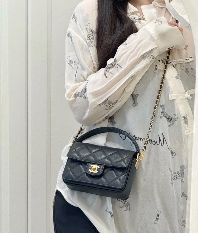 Chanel Shiny Caviar Quilted Mini Top Handle Flap Bag