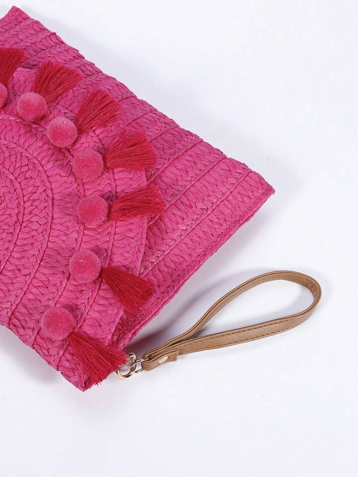 Woven Raffia Tassel Flap Bag
