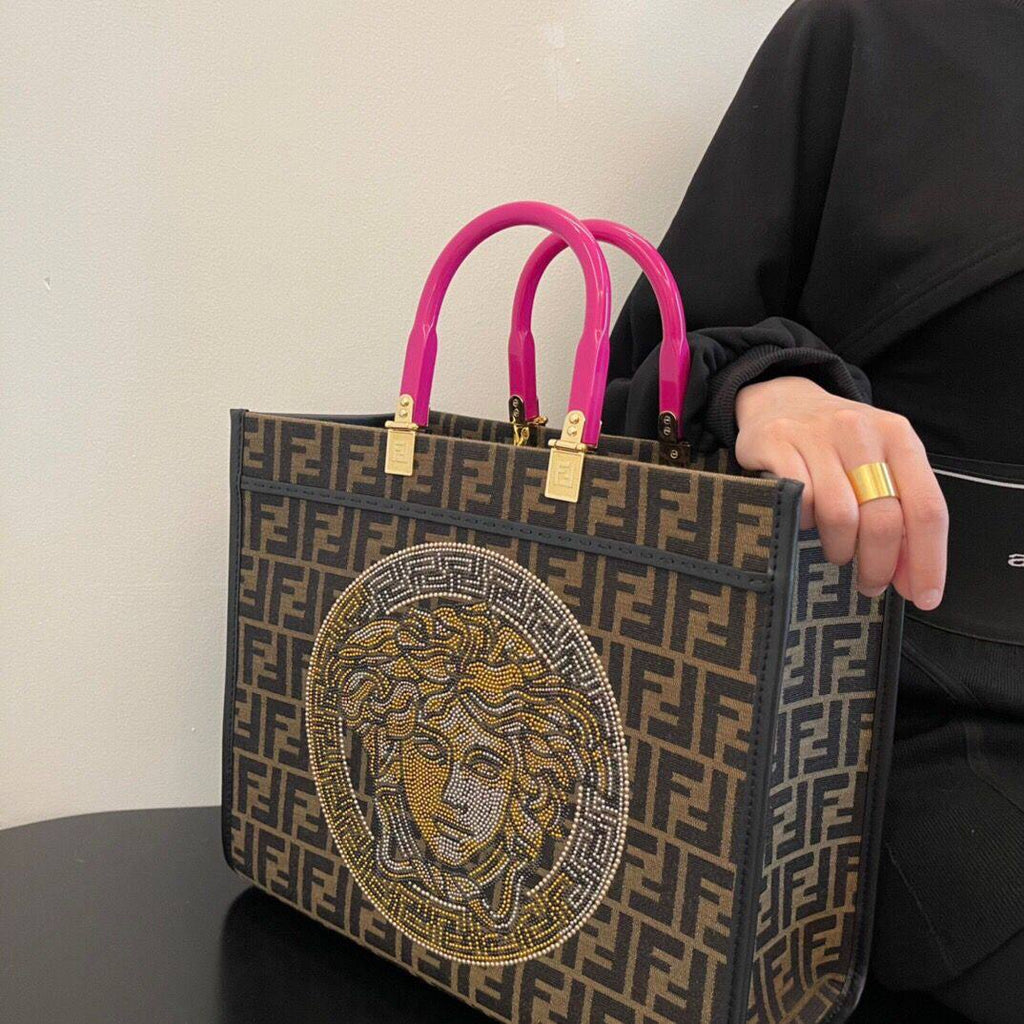 FENDACE (Fendi x Versace) Tote Bag – FF Canvas with Medusa Crystal Design
