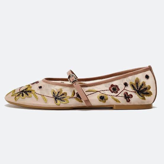 Zara Embroidered Mesh Mary Jane Ballet Flats