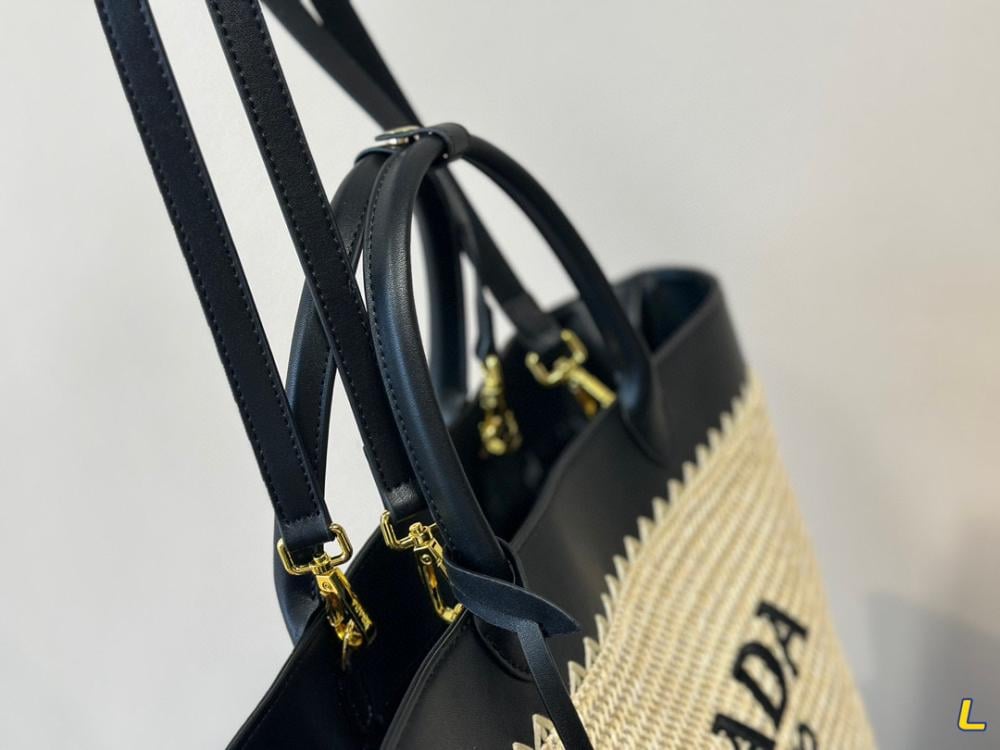 Prada Large Raffia and Leather Tote Bag