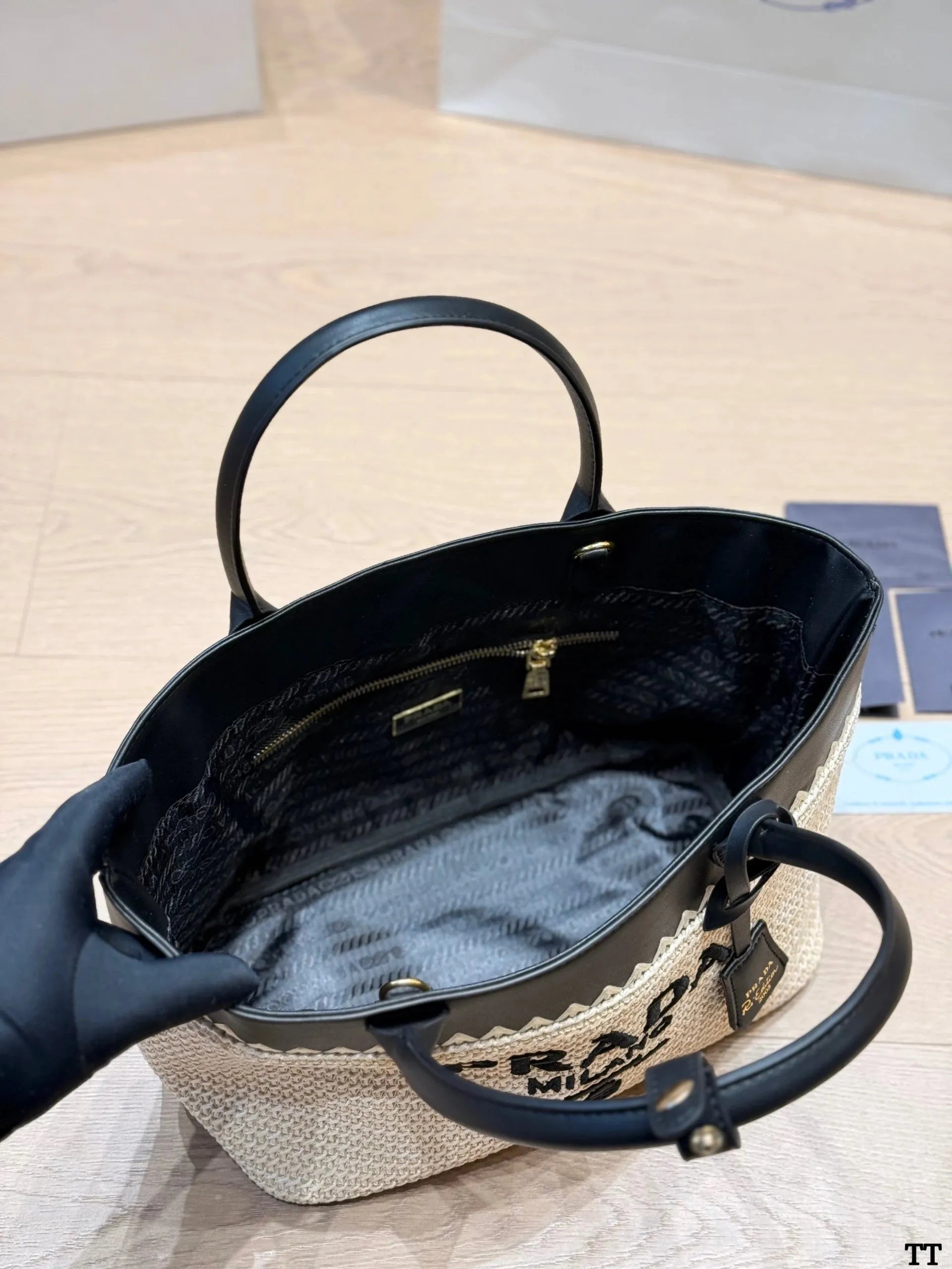 Prada Small Raffia and Leather Tote Bag