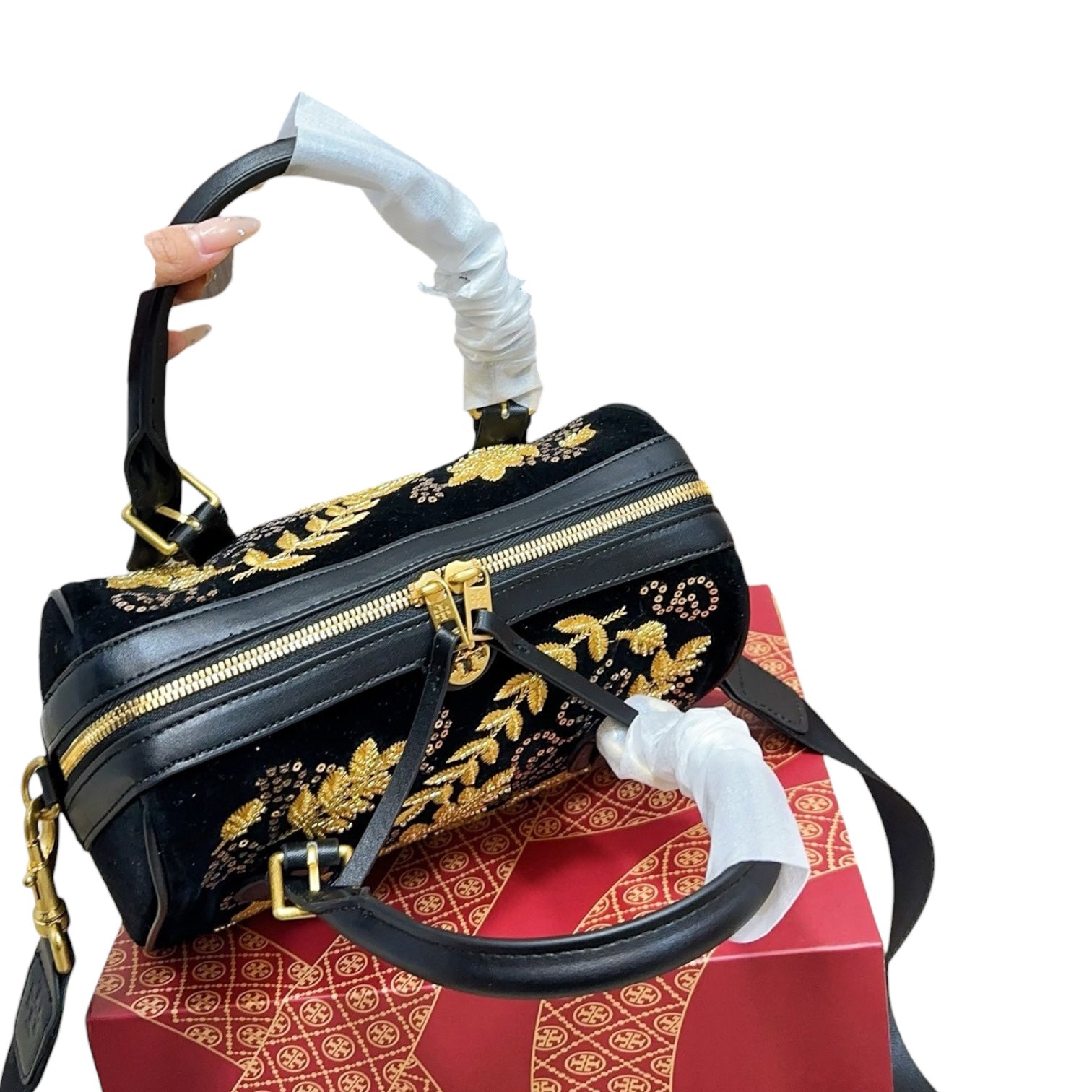 Tory Burch Embroidered Velvet Satchel Bag