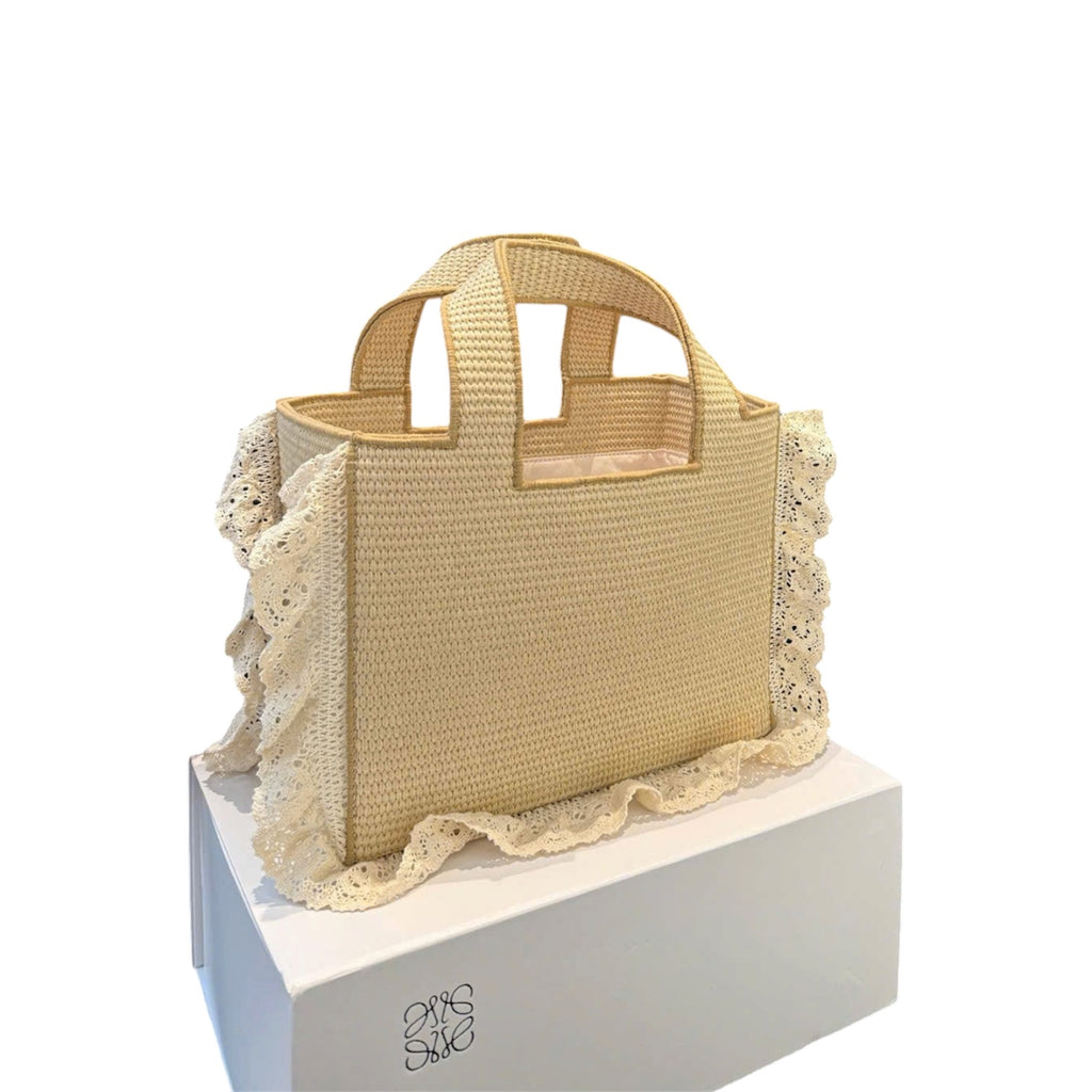 Loewe Standard A5 Tote in Raffia with Lace Trim