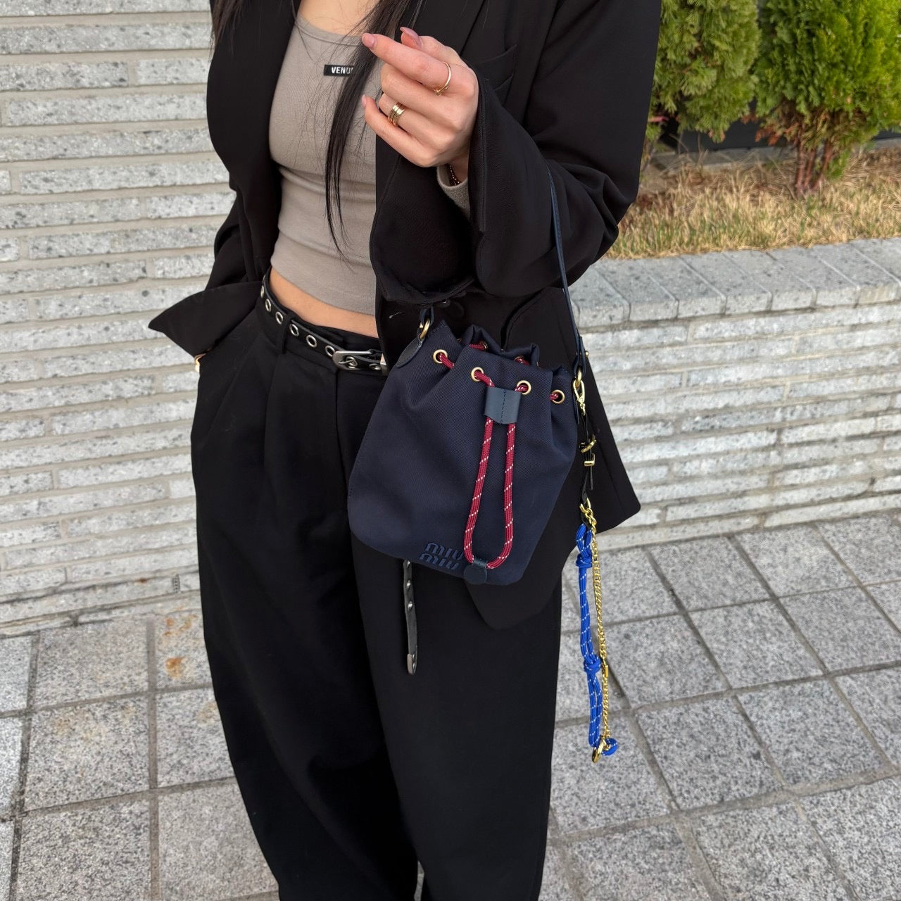 Miu Miu Logo Canvas Drawstring Bucket Bag