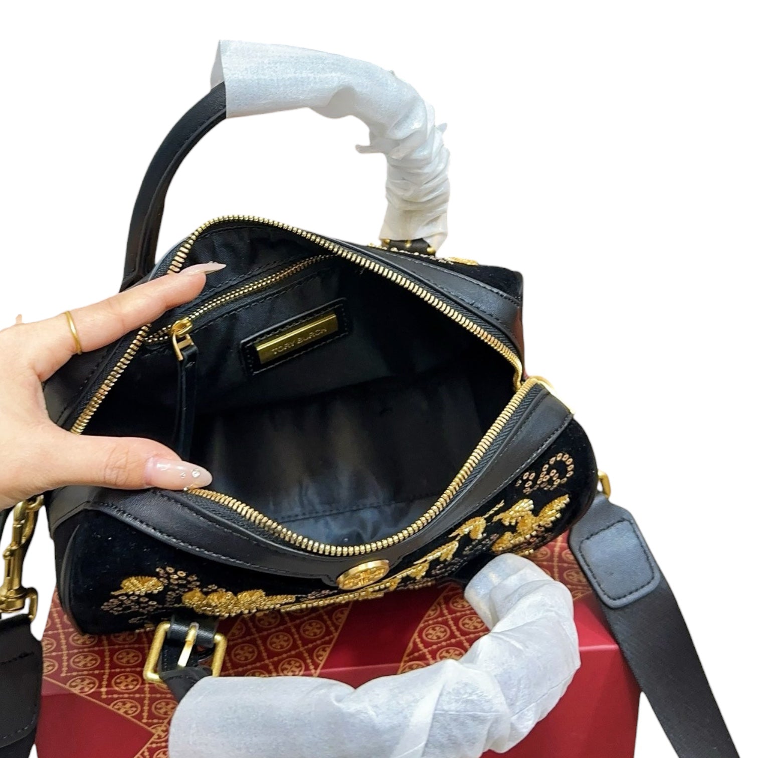 Tory Burch Embroidered Velvet Satchel Bag