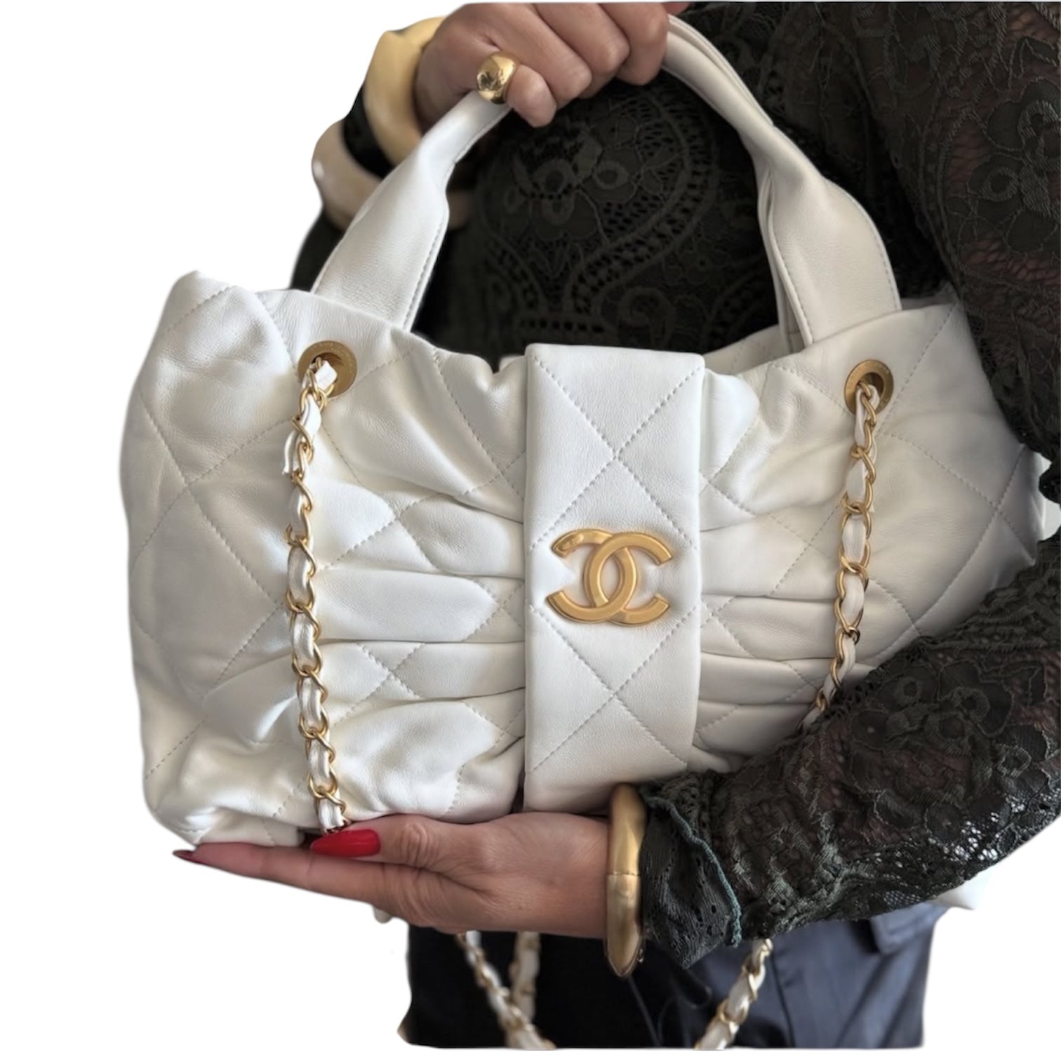 Chanel Quilted Bow Top Handle Bag with Chain Strap