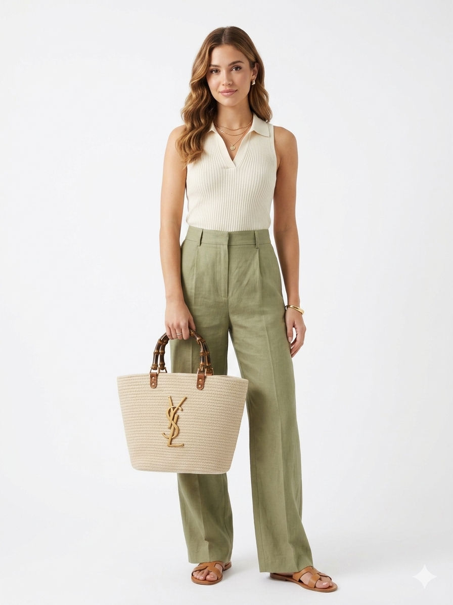 YSL Straw Bamboo Handle Tote
