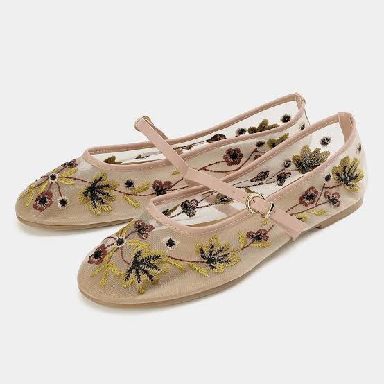 Zara Embroidered Mesh Mary Jane Ballet Flats
