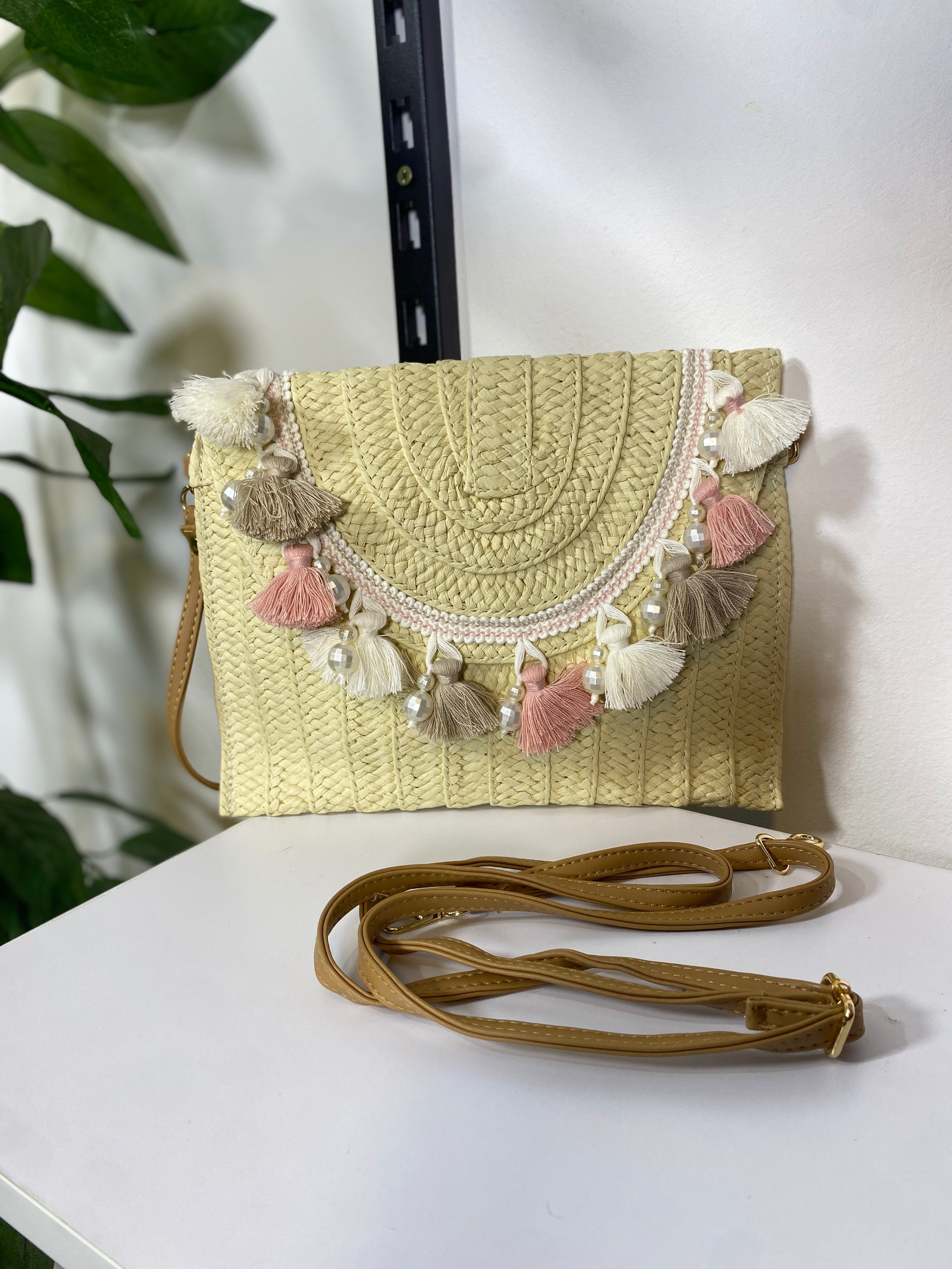 Woven Raffia Tassel Flap Bag