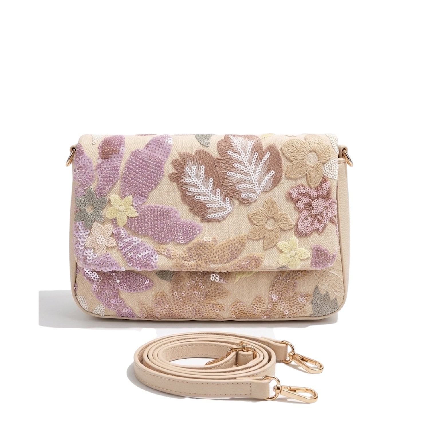 Floral Sequin Embroidered Flap Bag