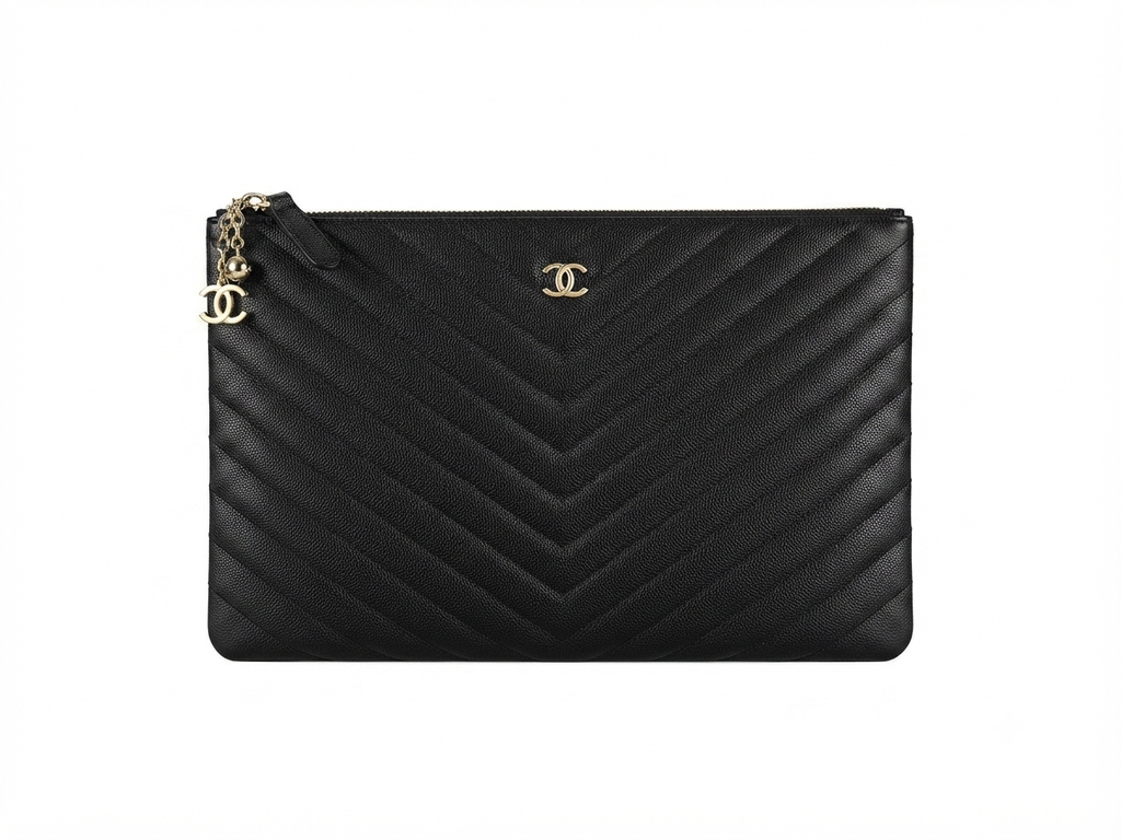Chanel Chevron Quilted Caviar Zip Pouch