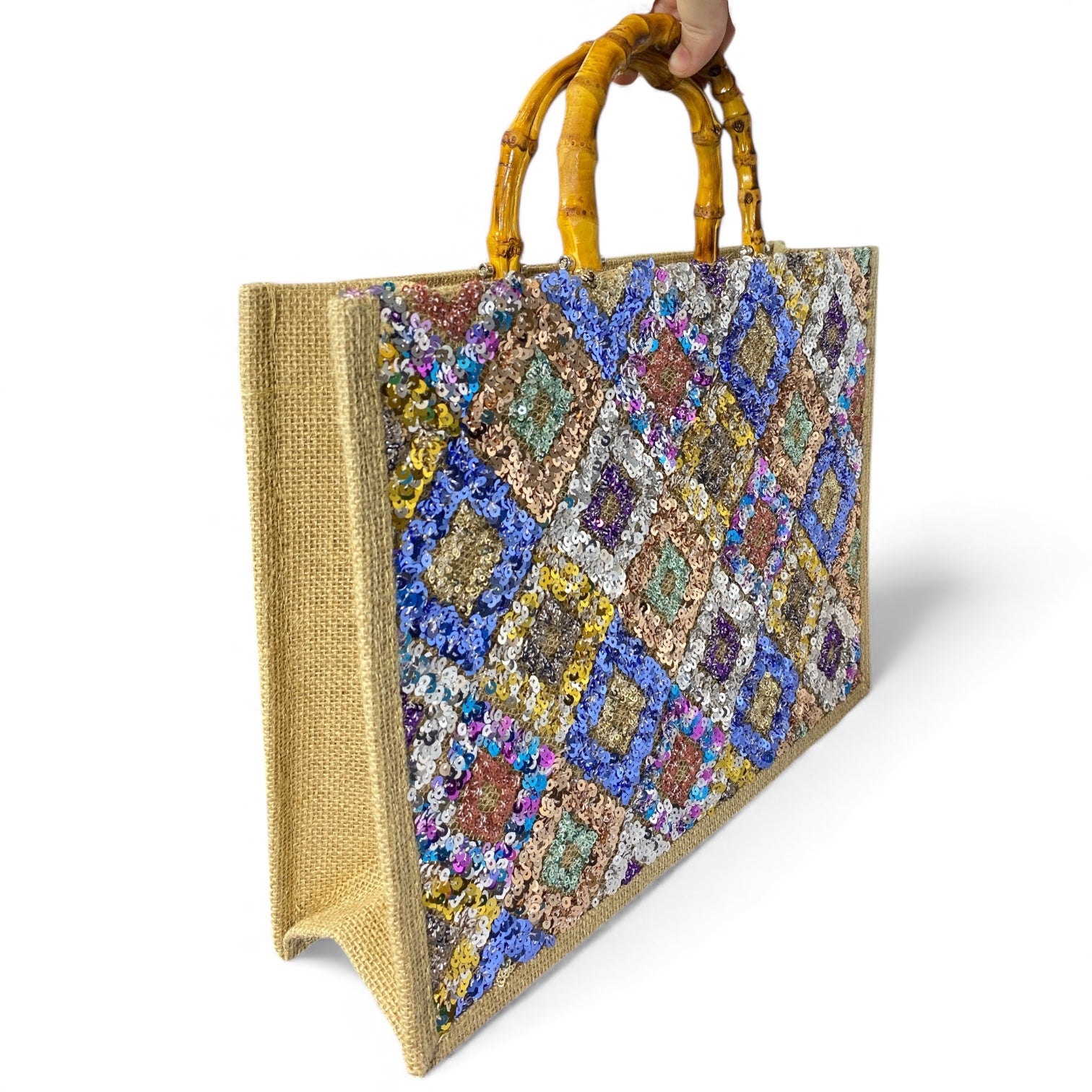 Boho Sequin Woven Handle Tote Bag