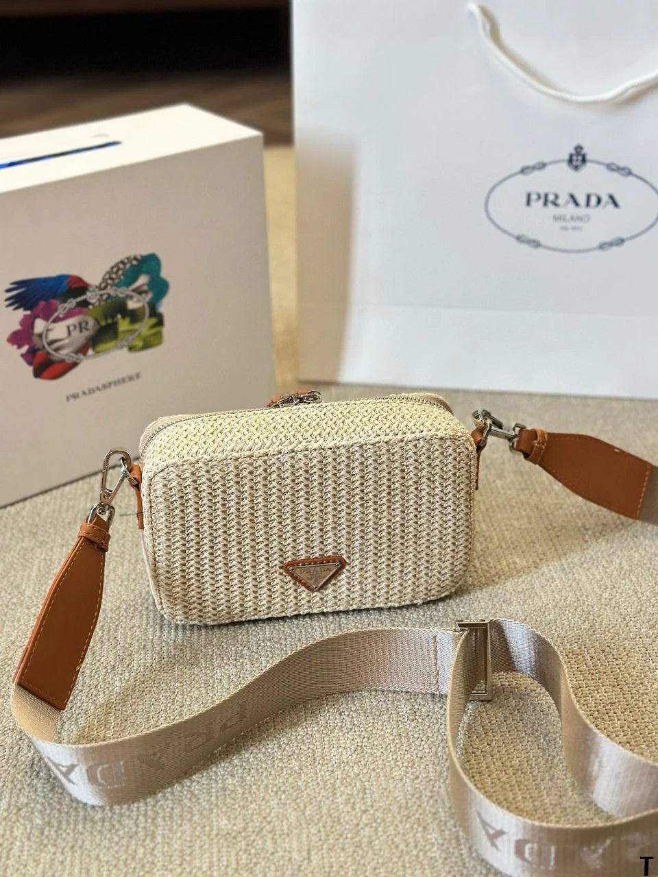 Prada Raffia Camera Shoulder Bag