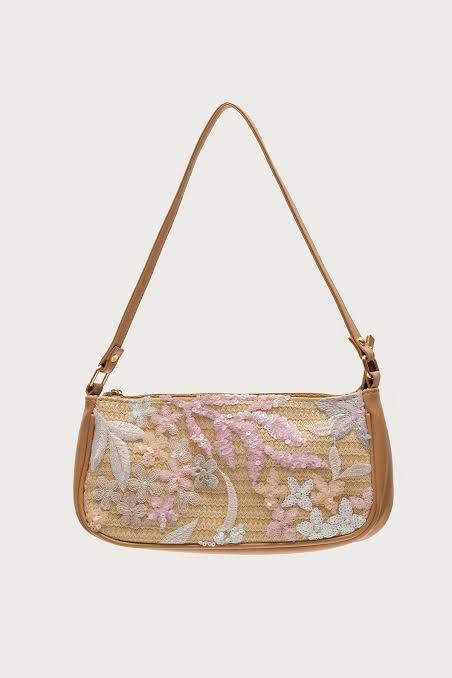 Floral Sequin Shoulder Baguette Bag