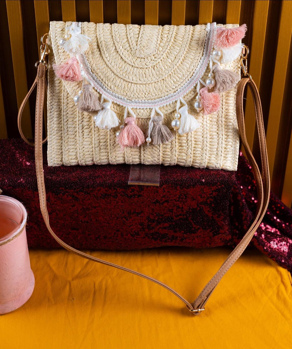 Woven Raffia Tassel Flap Bag
