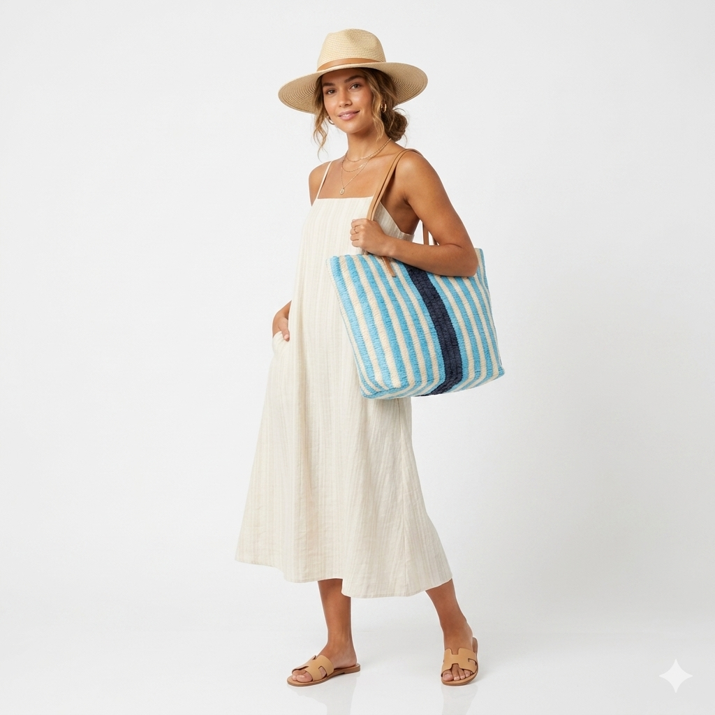 Woven Striped Raffia Tote Bag
