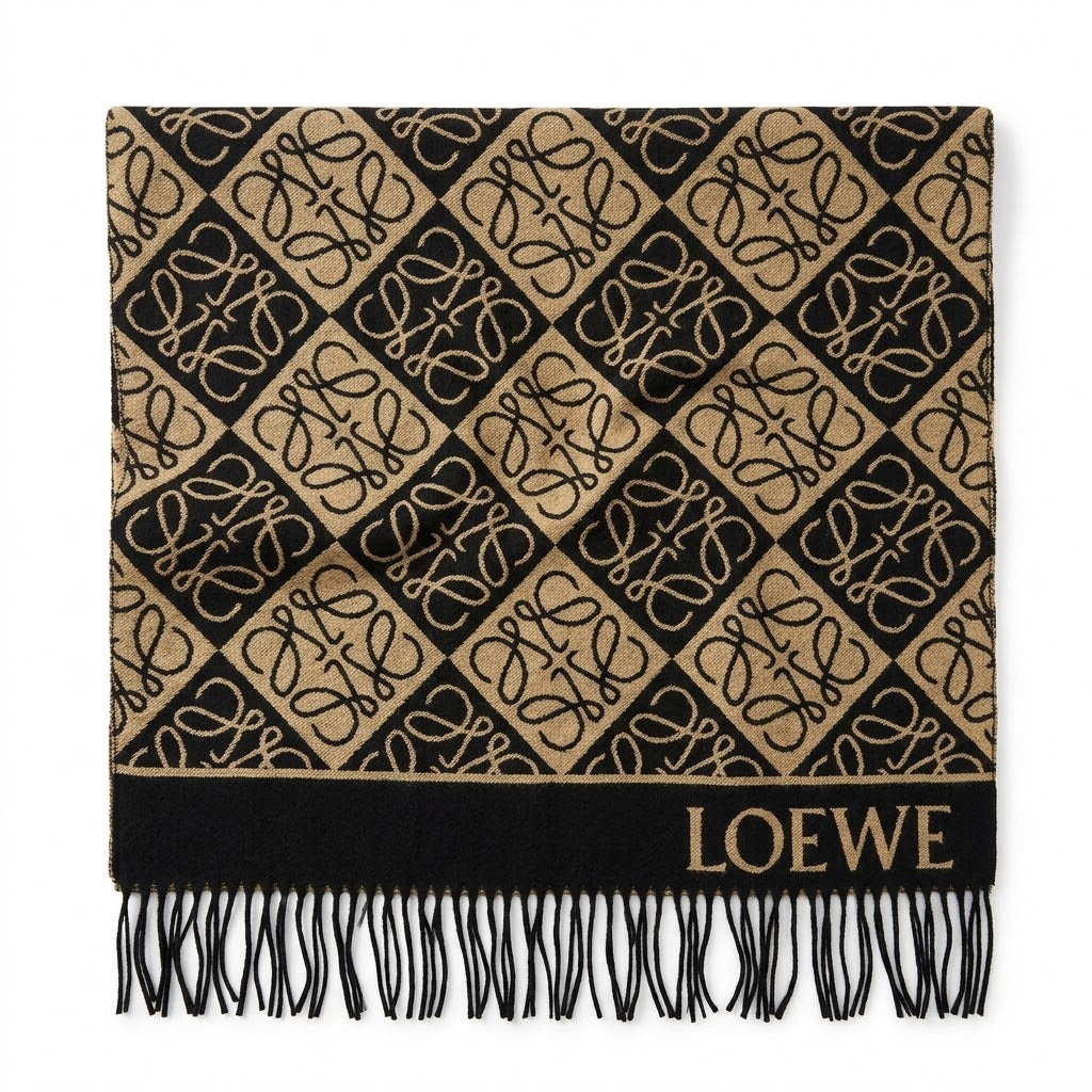 Loewe Anagram Checkered Fringed Scarf