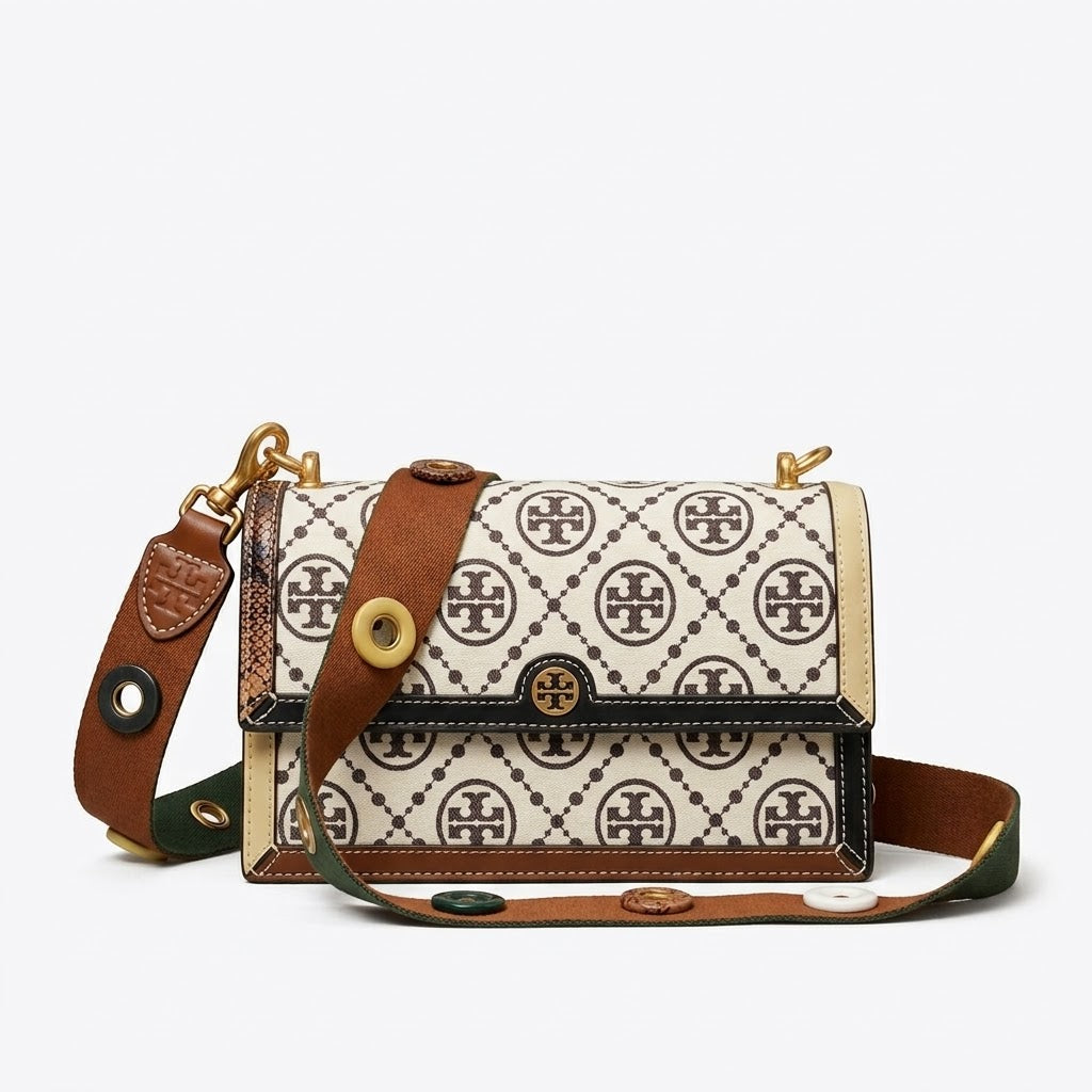Tory Burch T Monogram Flap Bag with Eyelet Webbing Strap