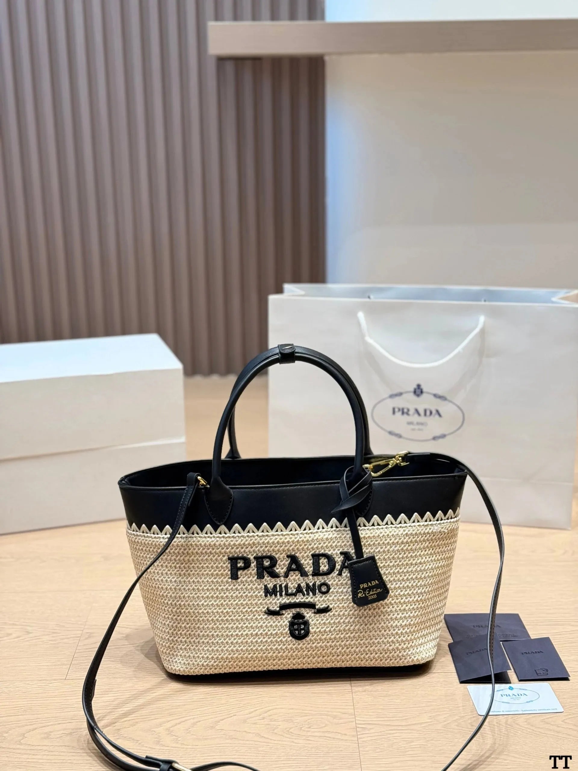 Prada Small Raffia and Leather Tote Bag