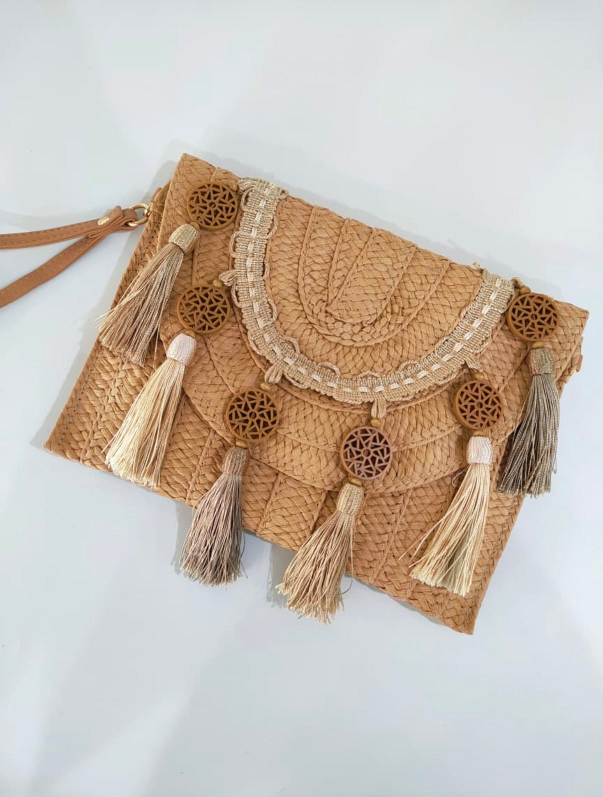 Woven Raffia Tassel Flap Bag