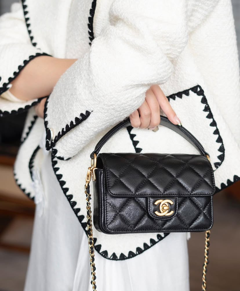 Chanel Shiny Caviar Quilted Mini Top Handle Flap Bag