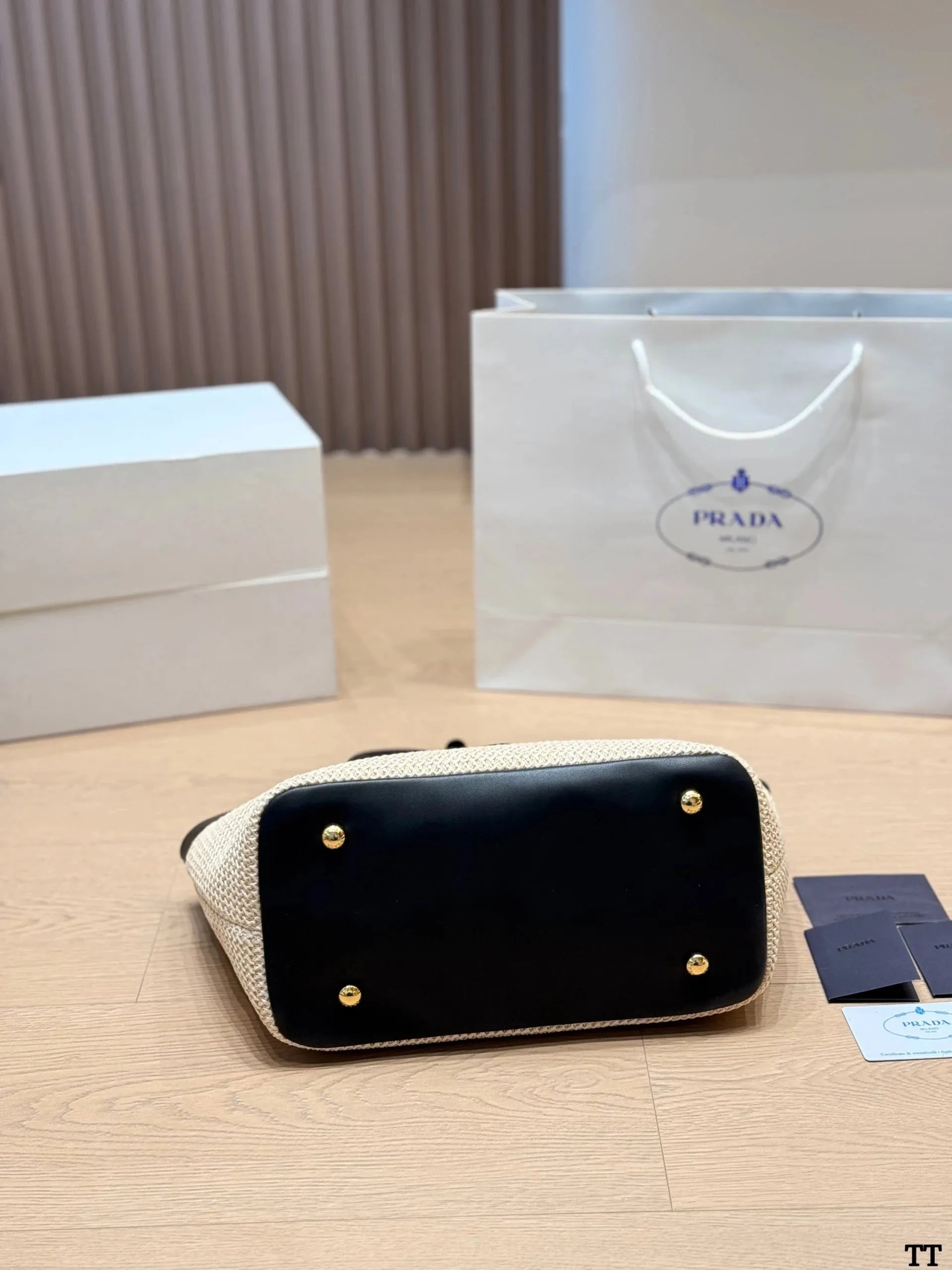 Prada Small Raffia and Leather Tote Bag