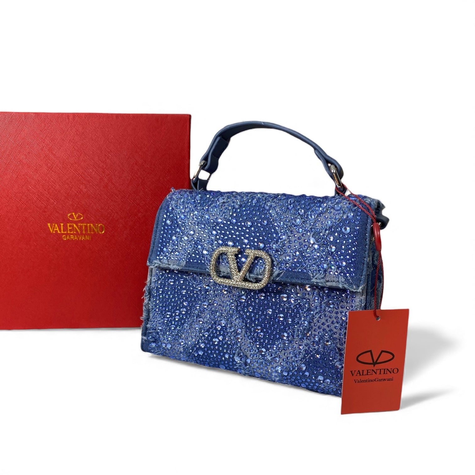 Valentino Crystal Denim Top-Handle Bag