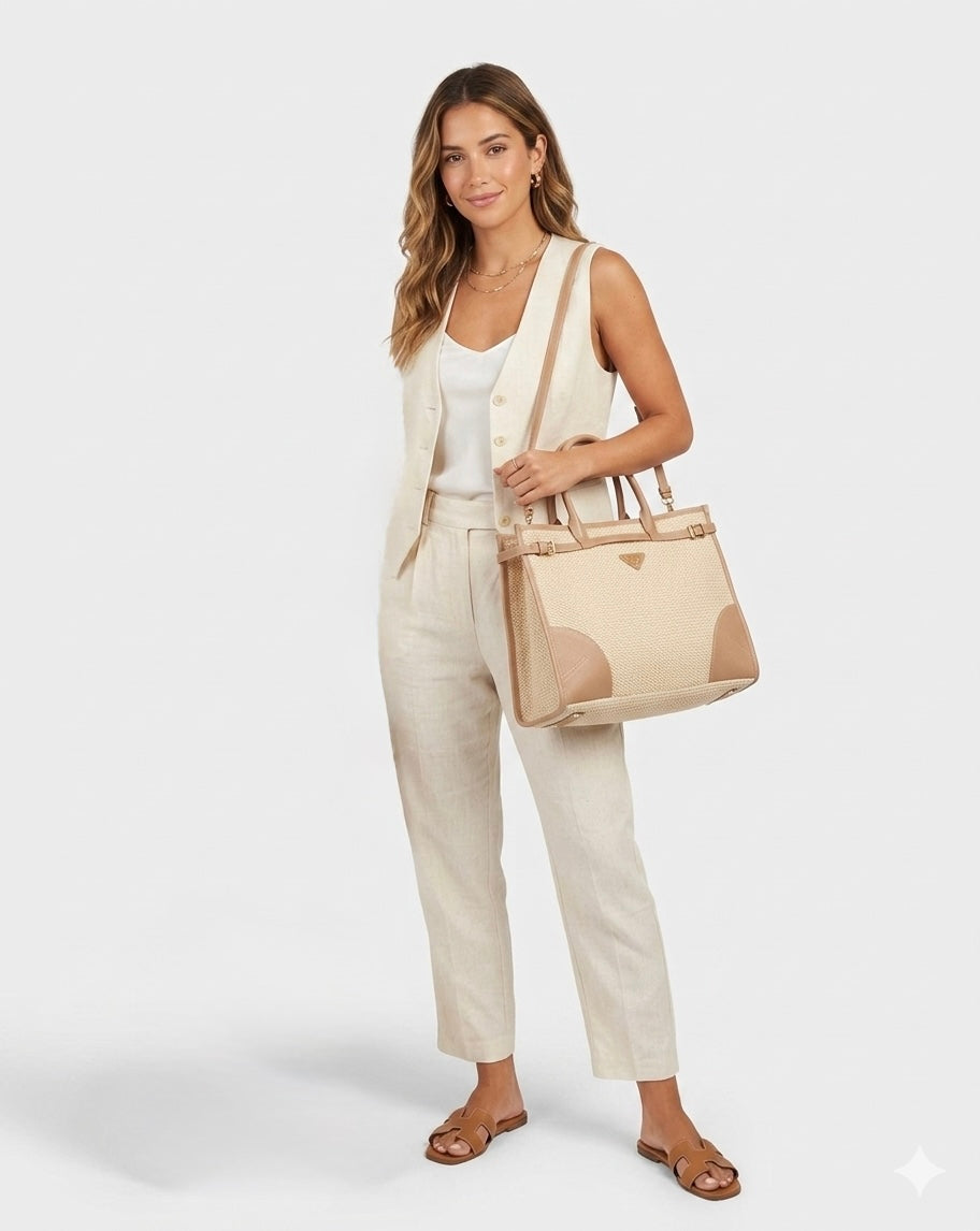 Prada Galleria Raffia and Saffiano Leather Tote Bag