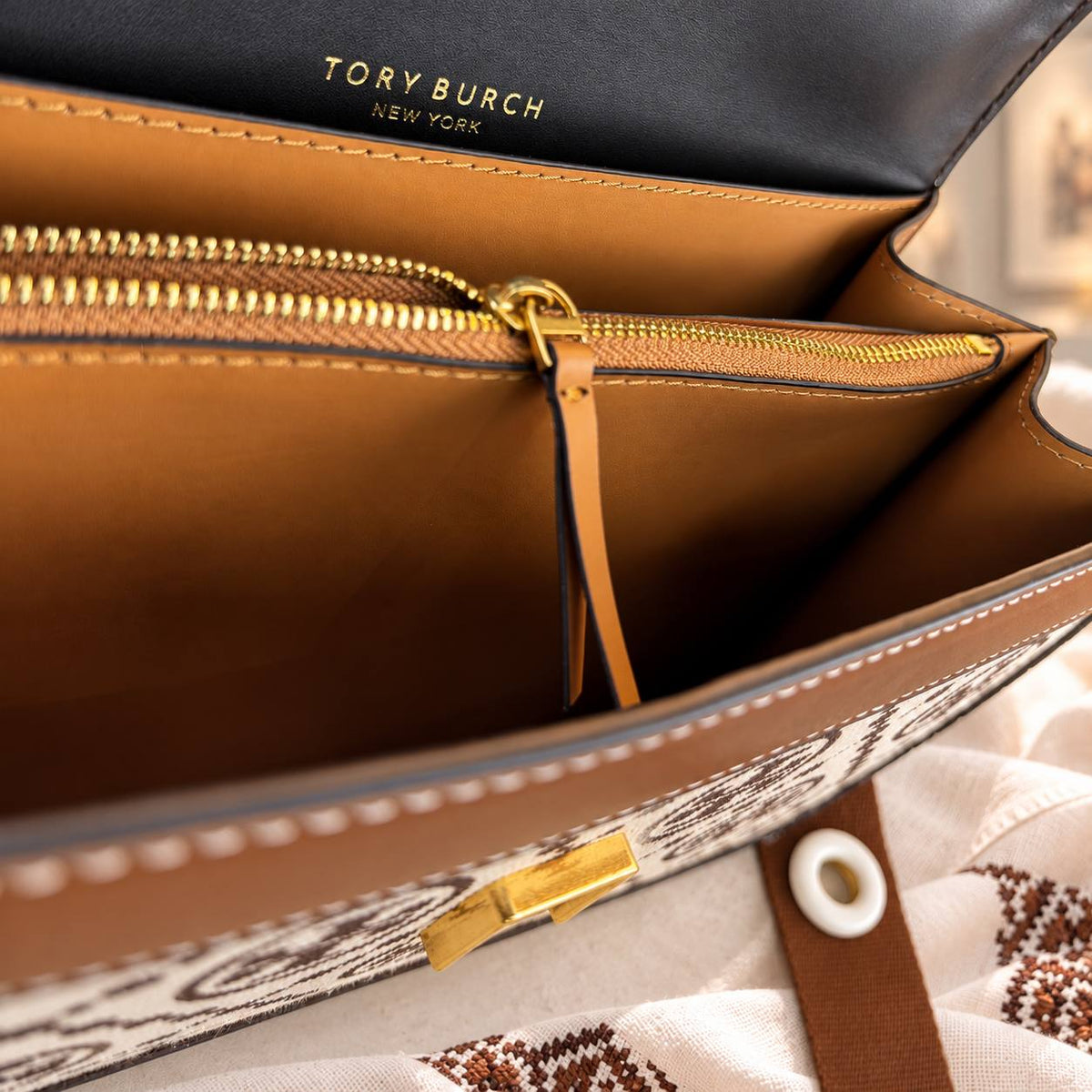 Tory Burch T Monogram Flap Bag with Eyelet Webbing Strap