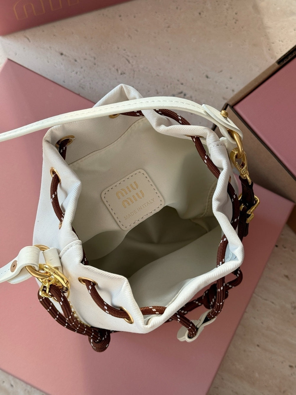 Miu Miu Logo Canvas Drawstring Bucket Bag