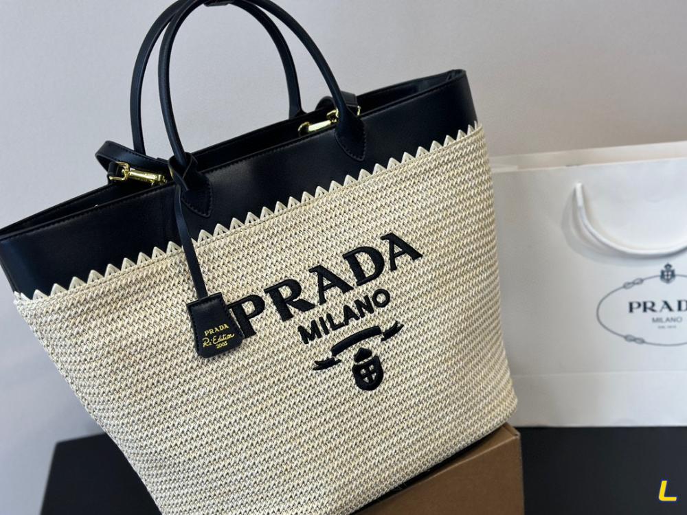 Prada Large Raffia and Leather Tote Bag