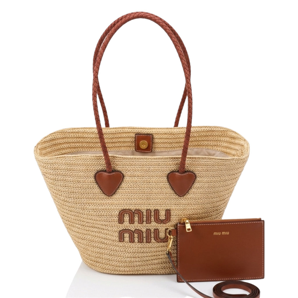 Miu Miu Woven Raffia Tote Bag with Heart Details