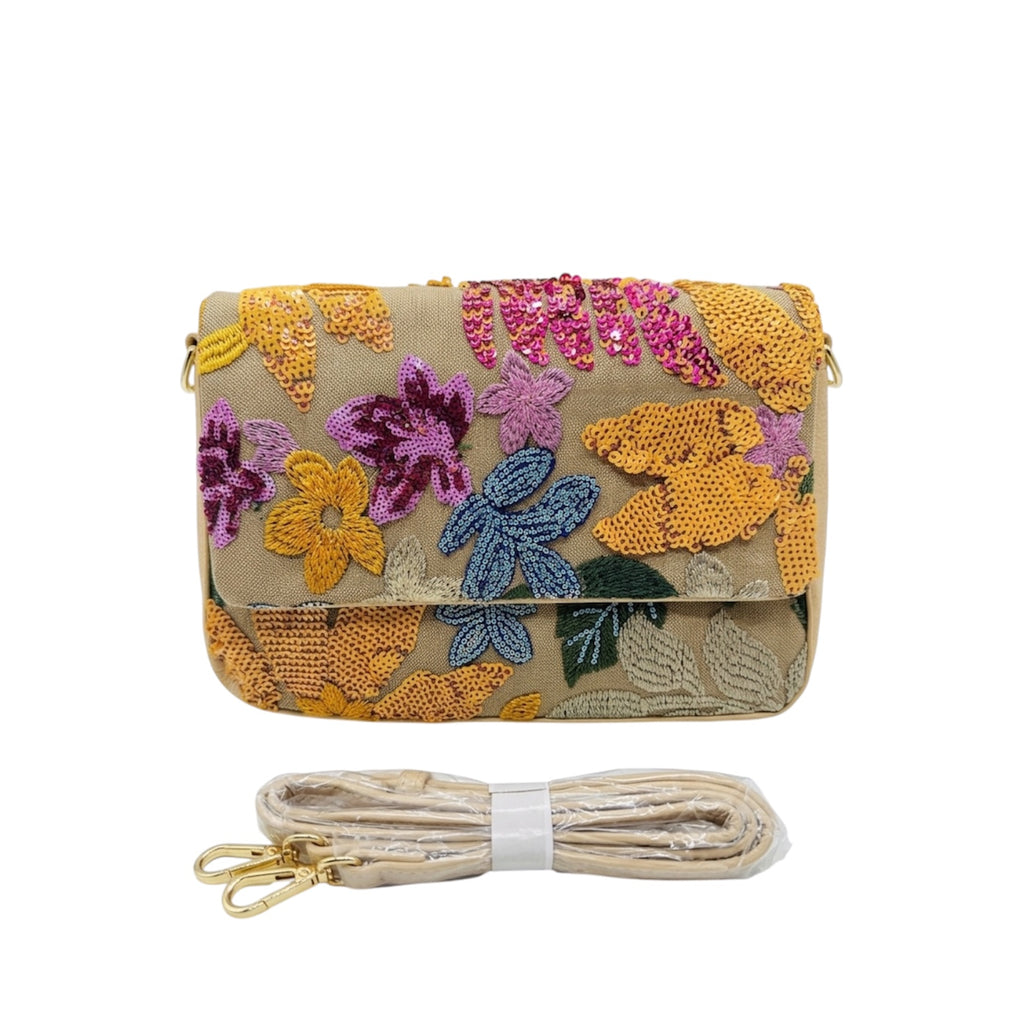 Floral Sequin Embroidered Flap Bag
