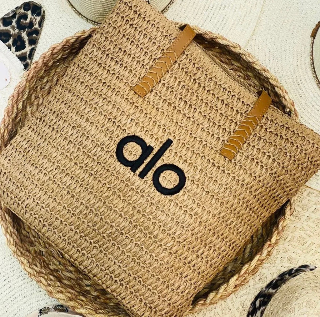 Alo Yoga Straw Tote Bag with Leather Handles