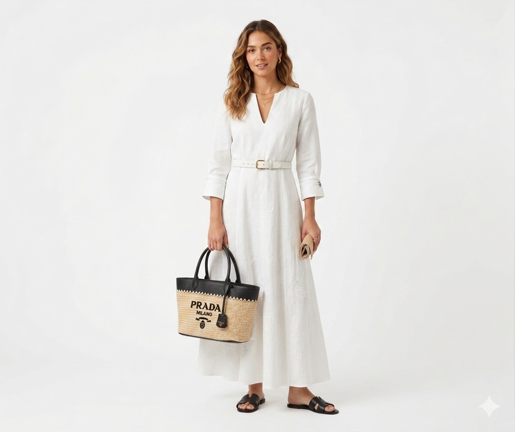 Prada Small Raffia and Leather Tote Bag