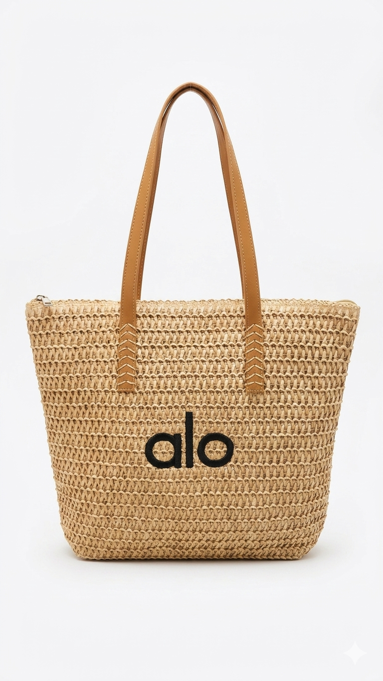 Alo Yoga Straw Tote Bag with Leather Handles