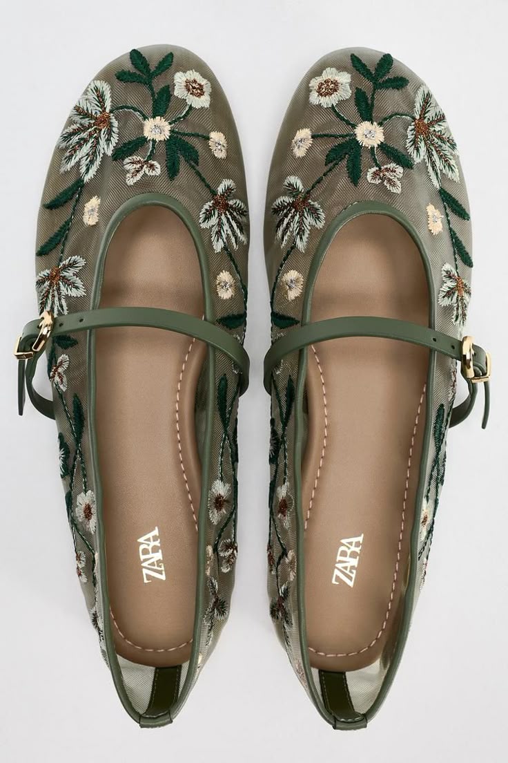 Zara Embroidered Mesh Mary Jane Ballet Flats