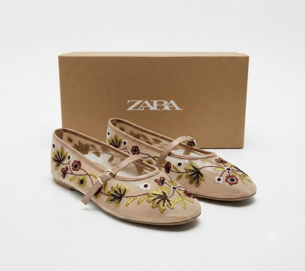 Zara Embroidered Mesh Mary Jane Ballet Flats