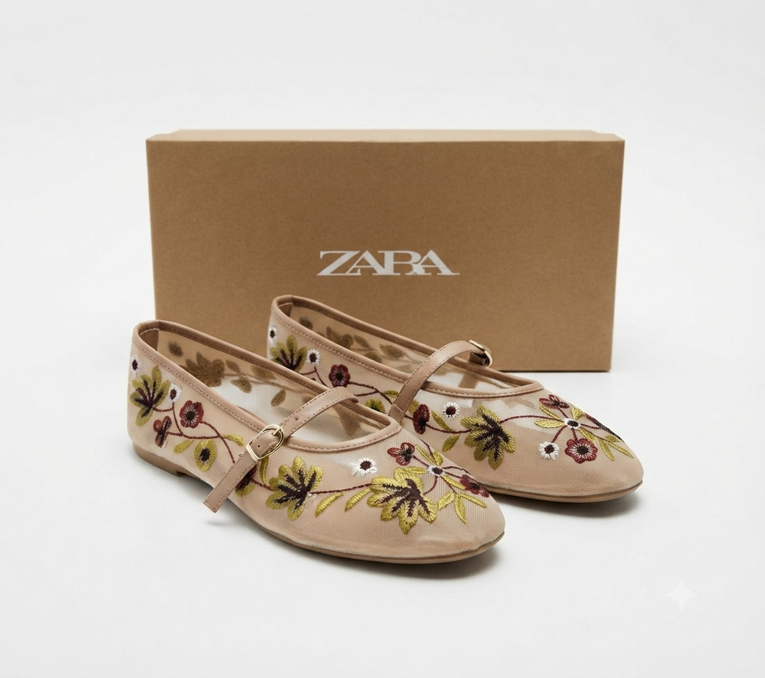 Zara Embroidered Mesh Mary Jane Ballet Flats
