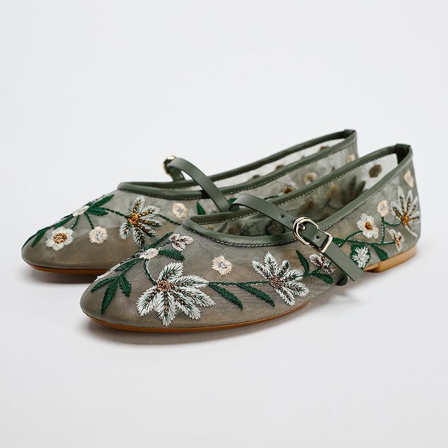 Zara Embroidered Mesh Mary Jane Ballet Flats