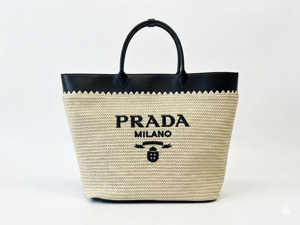 Prada Large Raffia and Leather Tote Bag