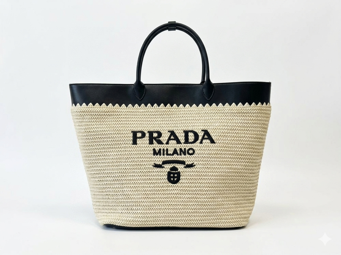 Prada Large Raffia and Leather Tote Bag