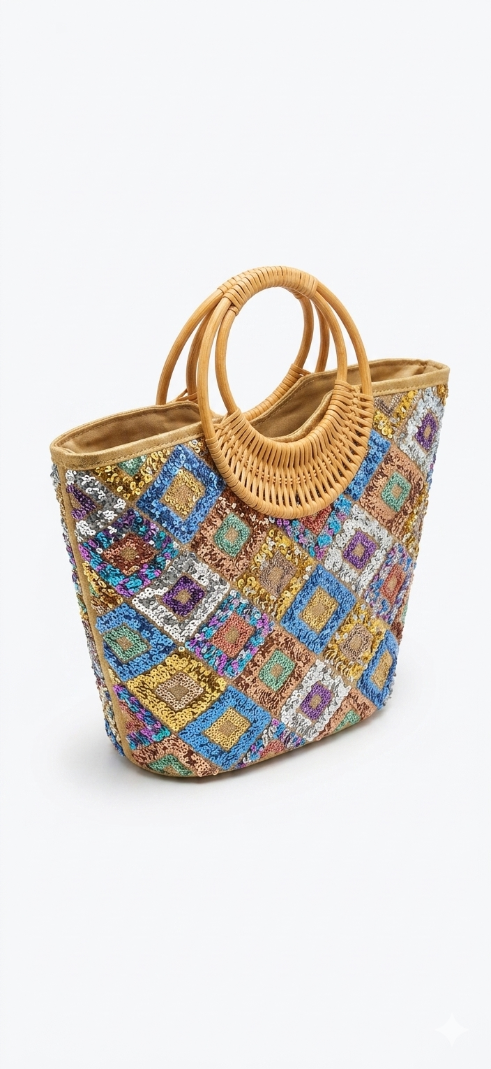 Boho Sequin Woven Handle Tote Bag