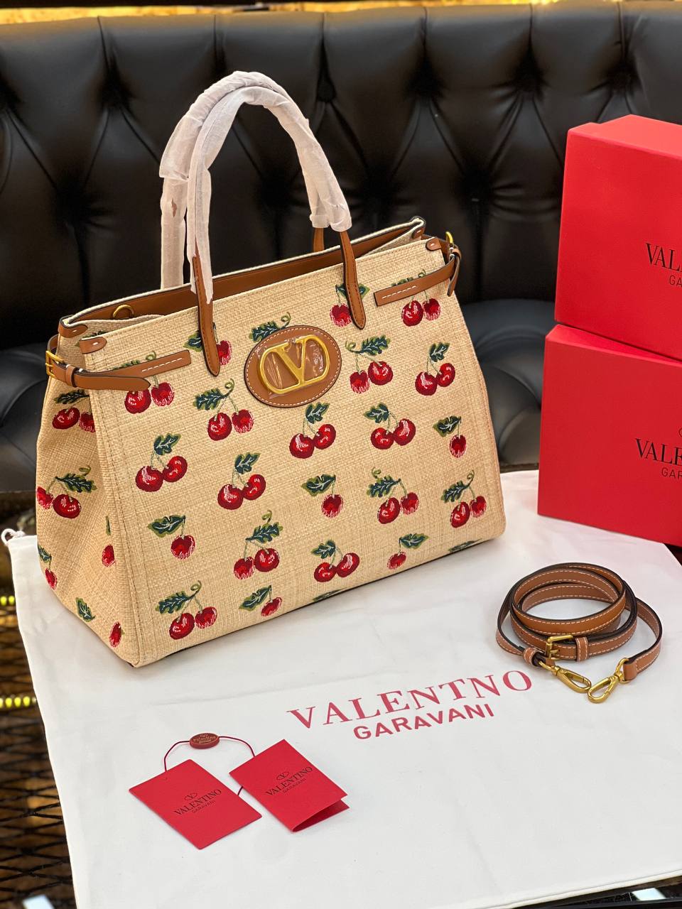 Valentino Cherry Embroidered Tote Bag