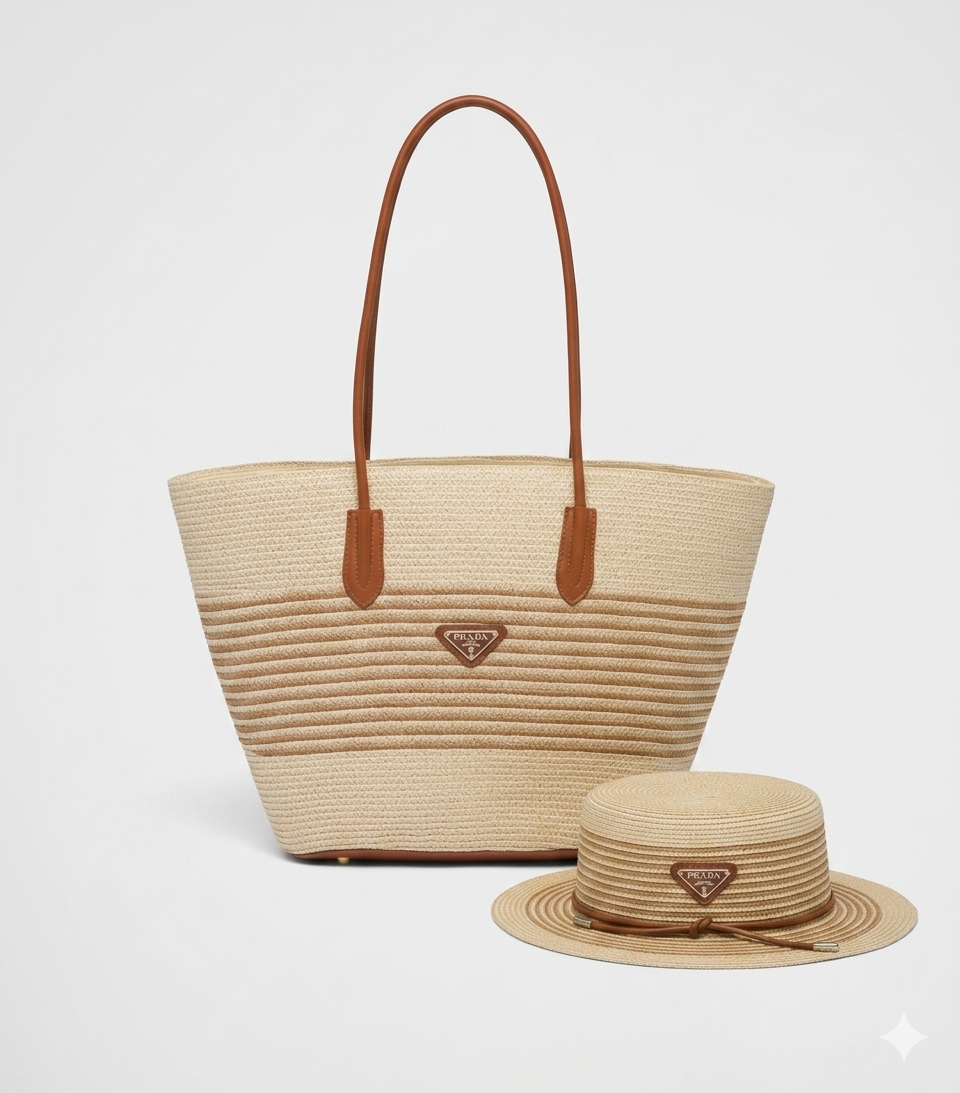 Prada Raffia Tote and Boater Hat Set